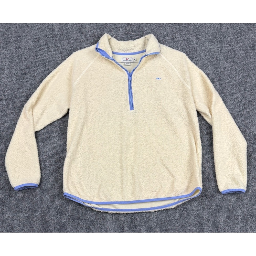 Vineyard Vines Mens Medium Cream Sherpa Fleece Quarter Zip Pullover Blue Trim